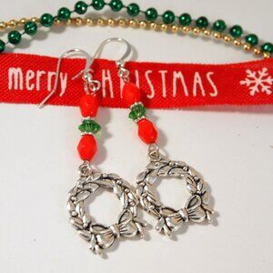 Christmas Wreath Earrings Dangle Pierced or Clip-on Earrings Silver Earrings